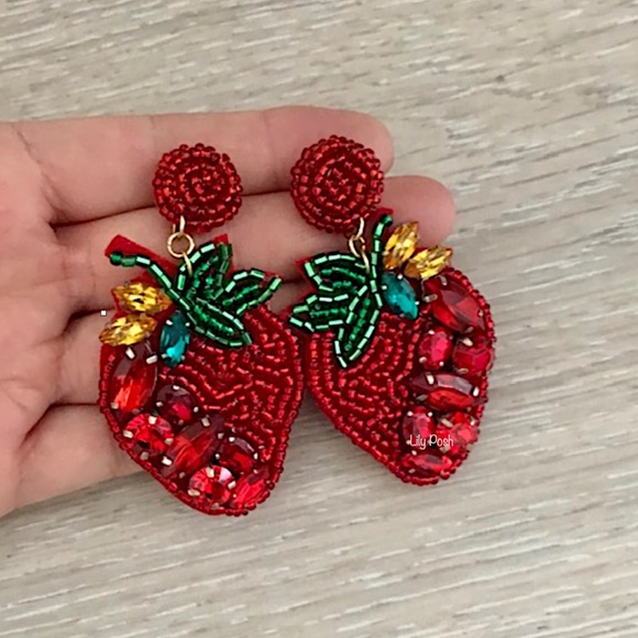 Strawberry Earring, Beaded Fruit Statement Earring, Lily Posh - Picture 2 of 2